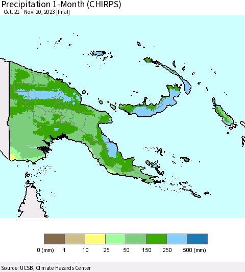 Papua New Guinea Precipitation 1-Month (CHIRPS) Thematic Map For 10/21/2023 - 11/20/2023