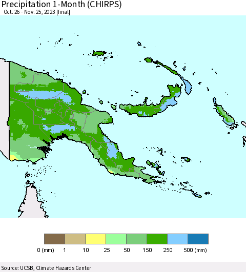 Papua New Guinea Precipitation 1-Month (CHIRPS) Thematic Map For 10/26/2023 - 11/25/2023