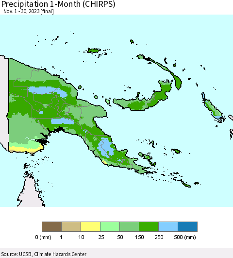 Papua New Guinea Precipitation 1-Month (CHIRPS) Thematic Map For 11/1/2023 - 11/30/2023