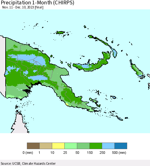 Papua New Guinea Precipitation 1-Month (CHIRPS) Thematic Map For 11/11/2023 - 12/10/2023
