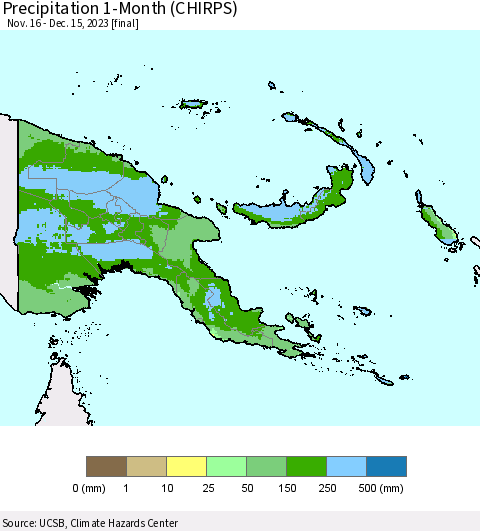 Papua New Guinea Precipitation 1-Month (CHIRPS) Thematic Map For 11/16/2023 - 12/15/2023