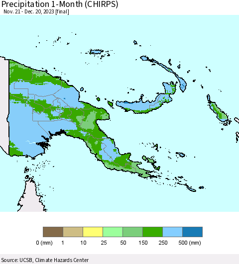 Papua New Guinea Precipitation 1-Month (CHIRPS) Thematic Map For 11/21/2023 - 12/20/2023