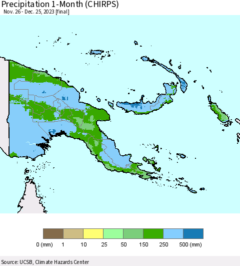 Papua New Guinea Precipitation 1-Month (CHIRPS) Thematic Map For 11/26/2023 - 12/25/2023