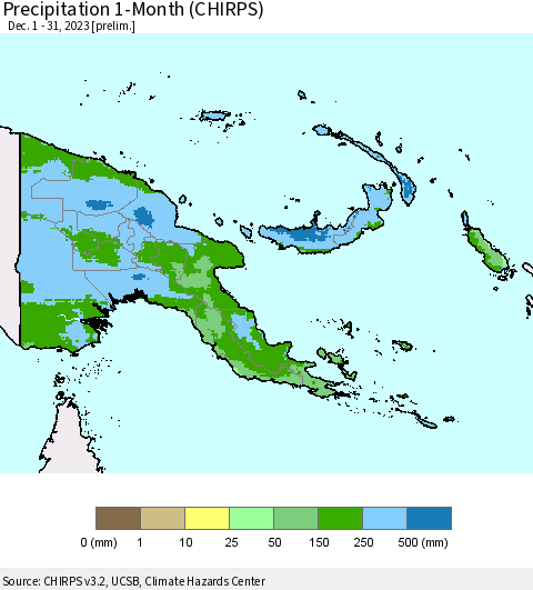Papua New Guinea Precipitation 1-Month (CHIRPS) Thematic Map For 12/1/2023 - 12/31/2023