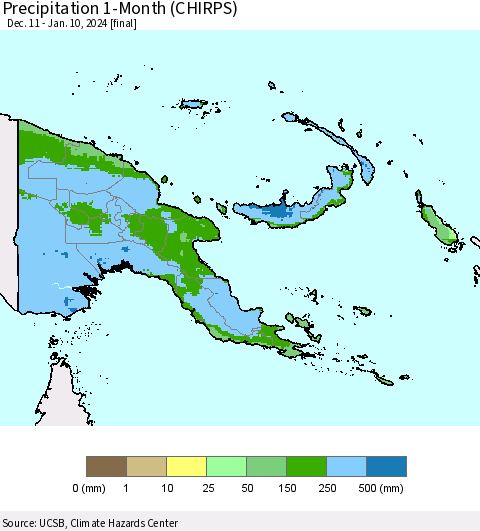 Papua New Guinea Precipitation 1-Month (CHIRPS) Thematic Map For 12/11/2023 - 1/10/2024