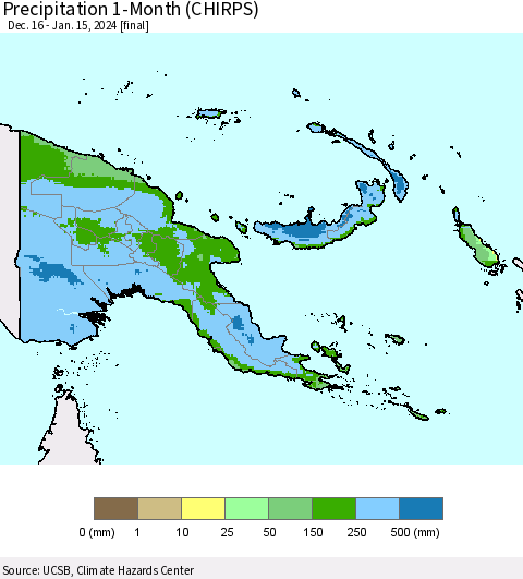 Papua New Guinea Precipitation 1-Month (CHIRPS) Thematic Map For 12/16/2023 - 1/15/2024