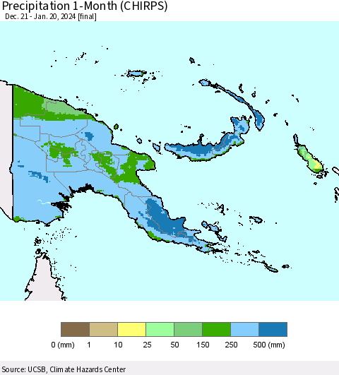 Papua New Guinea Precipitation 1-Month (CHIRPS) Thematic Map For 12/21/2023 - 1/20/2024