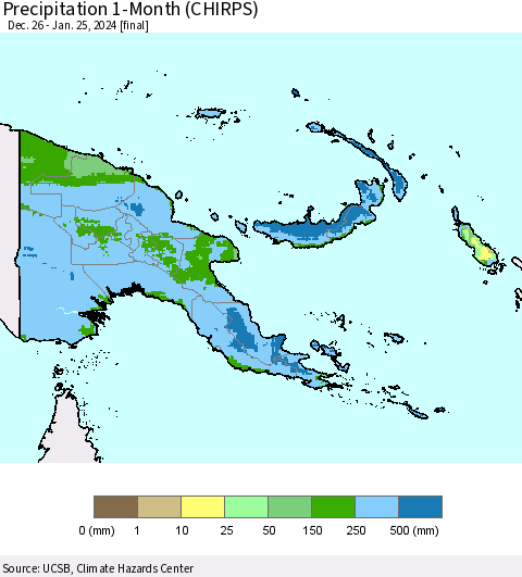 Papua New Guinea Precipitation 1-Month (CHIRPS) Thematic Map For 12/26/2023 - 1/25/2024