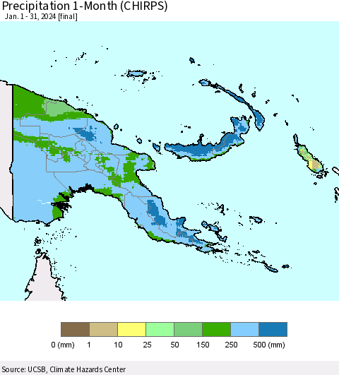 Papua New Guinea Precipitation 1-Month (CHIRPS) Thematic Map For 1/1/2024 - 1/31/2024