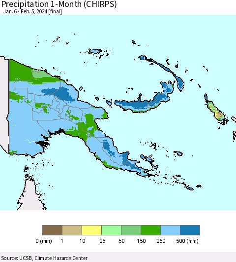 Papua New Guinea Precipitation 1-Month (CHIRPS) Thematic Map For 1/6/2024 - 2/5/2024
