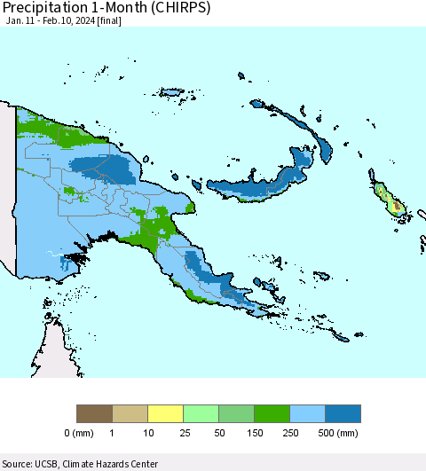 Papua New Guinea Precipitation 1-Month (CHIRPS) Thematic Map For 1/11/2024 - 2/10/2024