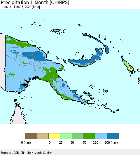 Papua New Guinea Precipitation 1-Month (CHIRPS) Thematic Map For 1/16/2024 - 2/15/2024