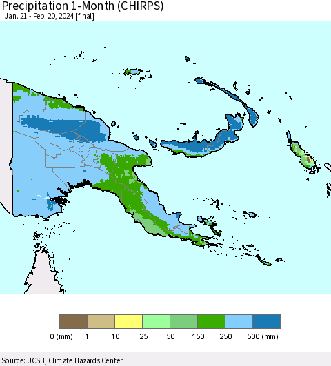 Papua New Guinea Precipitation 1-Month (CHIRPS) Thematic Map For 1/21/2024 - 2/20/2024