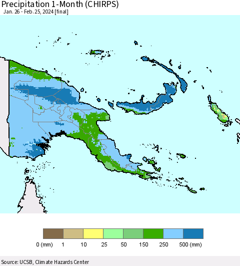 Papua New Guinea Precipitation 1-Month (CHIRPS) Thematic Map For 1/26/2024 - 2/25/2024
