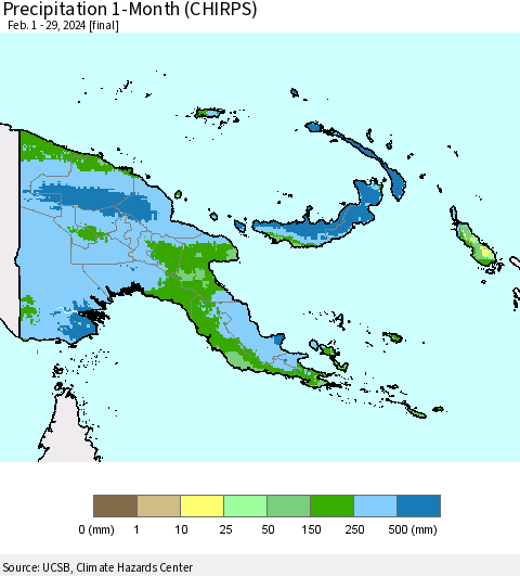 Papua New Guinea Precipitation 1-Month (CHIRPS) Thematic Map For 2/1/2024 - 2/29/2024