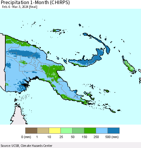 Papua New Guinea Precipitation 1-Month (CHIRPS) Thematic Map For 2/6/2024 - 3/5/2024