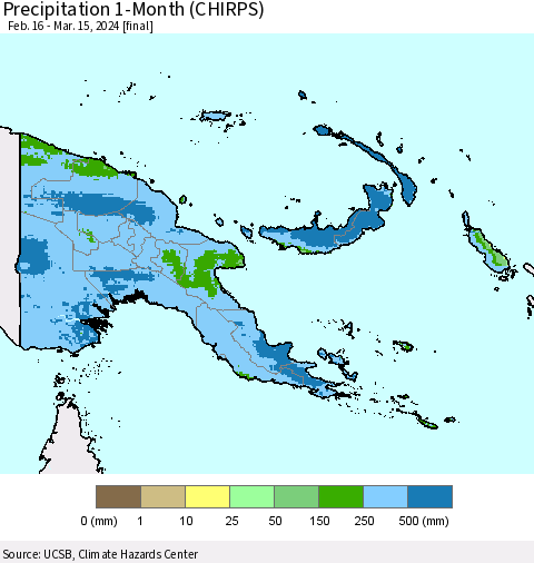 Papua New Guinea Precipitation 1-Month (CHIRPS) Thematic Map For 2/16/2024 - 3/15/2024