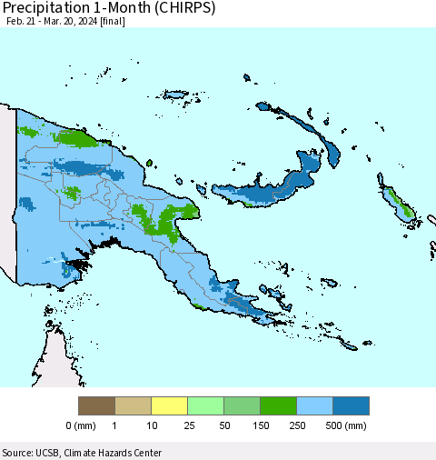 Papua New Guinea Precipitation 1-Month (CHIRPS) Thematic Map For 2/21/2024 - 3/20/2024