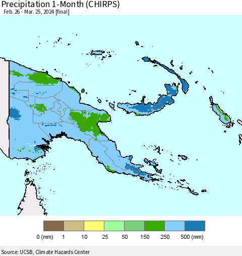 Papua New Guinea Precipitation 1-Month (CHIRPS) Thematic Map For 2/26/2024 - 3/25/2024