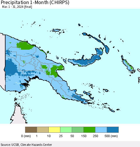 Papua New Guinea Precipitation 1-Month (CHIRPS) Thematic Map For 3/1/2024 - 3/31/2024
