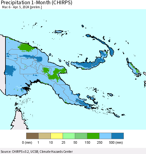 Papua New Guinea Precipitation 1-Month (CHIRPS) Thematic Map For 3/6/2024 - 4/5/2024