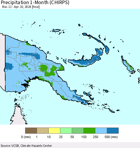 Papua New Guinea Precipitation 1-Month (CHIRPS) Thematic Map For 3/11/2024 - 4/10/2024