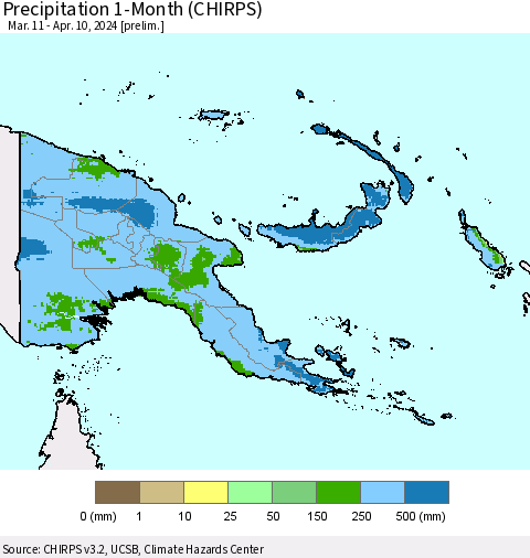 Papua New Guinea Precipitation 1-Month (CHIRPS) Thematic Map For 3/11/2024 - 4/10/2024