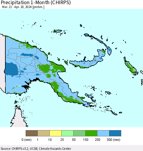 Papua New Guinea Precipitation 1-Month (CHIRPS) Thematic Map For 3/21/2024 - 4/20/2024