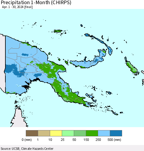 Papua New Guinea Precipitation 1-Month (CHIRPS) Thematic Map For 4/1/2024 - 4/30/2024