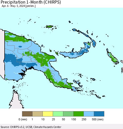 Papua New Guinea Precipitation 1-Month (CHIRPS) Thematic Map For 4/6/2024 - 5/5/2024