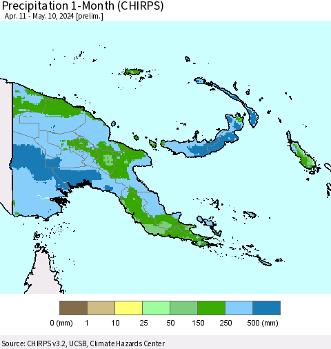 Papua New Guinea Precipitation 1-Month (CHIRPS) Thematic Map For 4/11/2024 - 5/10/2024