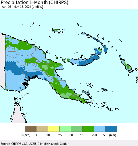 Papua New Guinea Precipitation 1-Month (CHIRPS) Thematic Map For 4/16/2024 - 5/15/2024