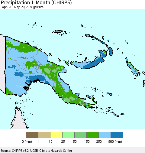 Papua New Guinea Precipitation 1-Month (CHIRPS) Thematic Map For 4/21/2024 - 5/20/2024