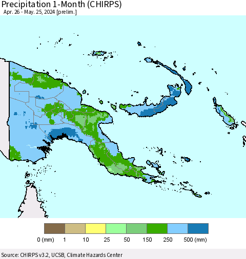 Papua New Guinea Precipitation 1-Month (CHIRPS) Thematic Map For 4/26/2024 - 5/25/2024
