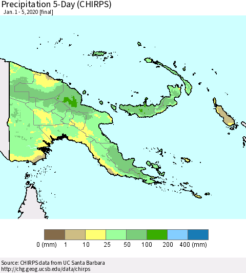 Papua New Guinea Precipitation 5-Day (CHIRPS) Thematic Map For 1/1/2020 - 1/5/2020