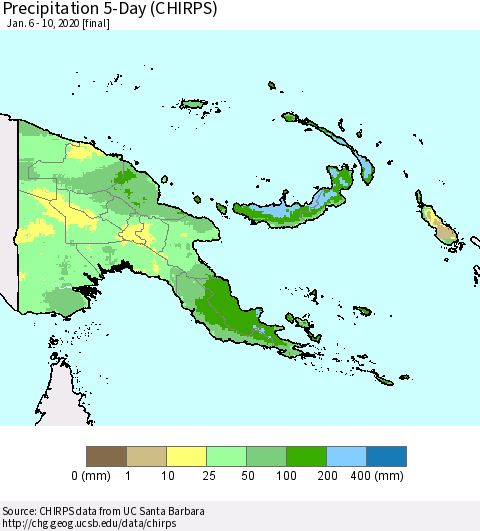 Papua New Guinea Precipitation 5-Day (CHIRPS) Thematic Map For 1/6/2020 - 1/10/2020