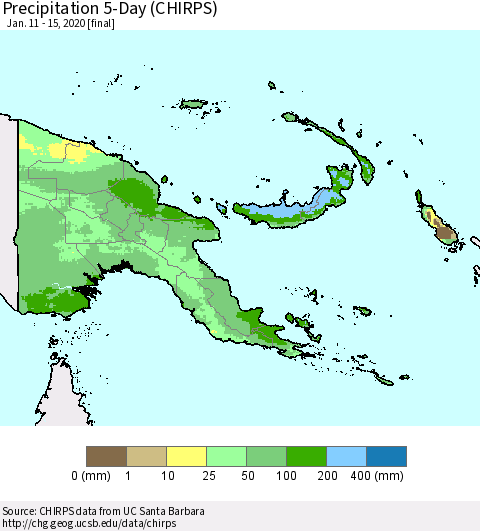 Papua New Guinea Precipitation 5-Day (CHIRPS) Thematic Map For 1/11/2020 - 1/15/2020