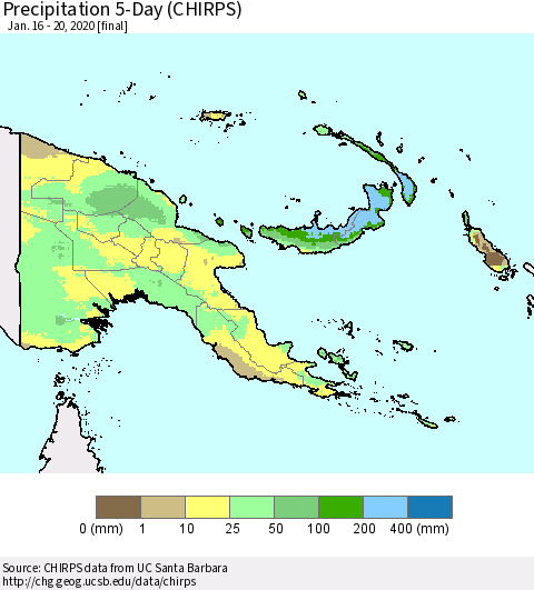 Papua New Guinea Precipitation 5-Day (CHIRPS) Thematic Map For 1/16/2020 - 1/20/2020