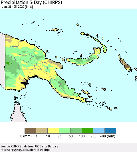 Papua New Guinea Precipitation 5-Day (CHIRPS) Thematic Map For 1/21/2020 - 1/25/2020