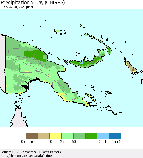 Papua New Guinea Precipitation 5-Day (CHIRPS) Thematic Map For 1/26/2020 - 1/31/2020
