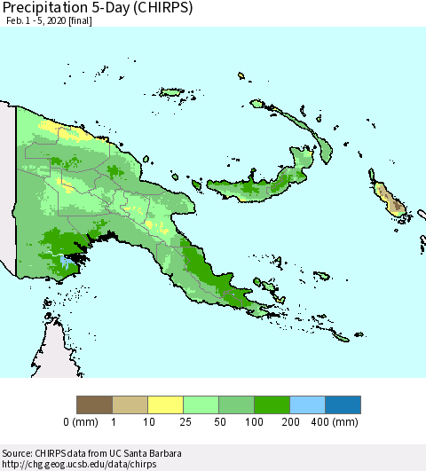 Papua New Guinea Precipitation 5-Day (CHIRPS) Thematic Map For 2/1/2020 - 2/5/2020