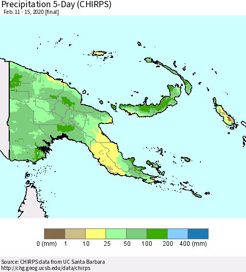 Papua New Guinea Precipitation 5-Day (CHIRPS) Thematic Map For 2/11/2020 - 2/15/2020