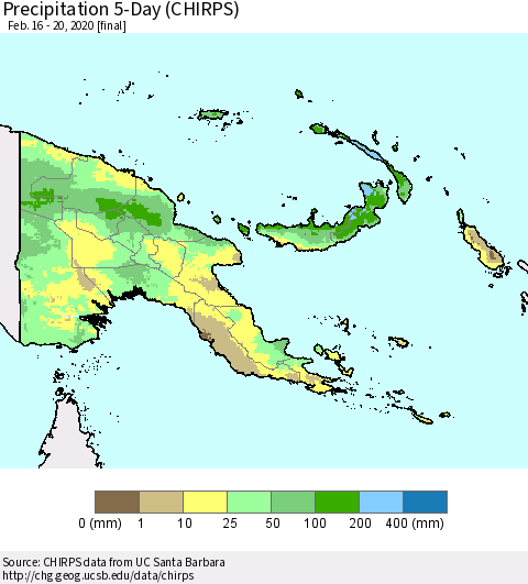 Papua New Guinea Precipitation 5-Day (CHIRPS) Thematic Map For 2/16/2020 - 2/20/2020