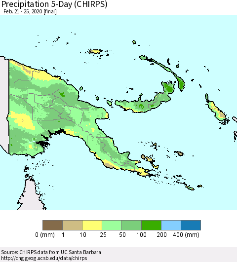 Papua New Guinea Precipitation 5-Day (CHIRPS) Thematic Map For 2/21/2020 - 2/25/2020