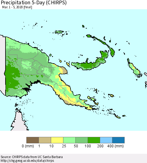 Papua New Guinea Precipitation 5-Day (CHIRPS) Thematic Map For 3/1/2020 - 3/5/2020