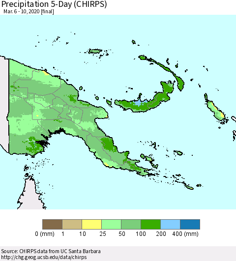 Papua New Guinea Precipitation 5-Day (CHIRPS) Thematic Map For 3/6/2020 - 3/10/2020