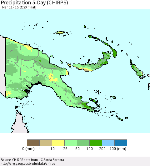 Papua New Guinea Precipitation 5-Day (CHIRPS) Thematic Map For 3/11/2020 - 3/15/2020