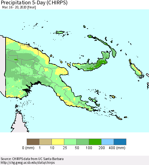 Papua New Guinea Precipitation 5-Day (CHIRPS) Thematic Map For 3/16/2020 - 3/20/2020