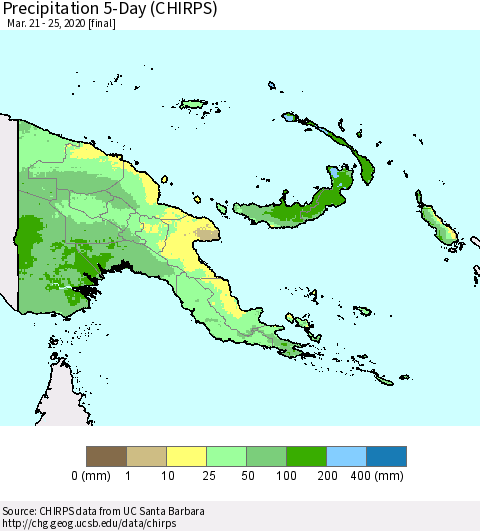 Papua New Guinea Precipitation 5-Day (CHIRPS) Thematic Map For 3/21/2020 - 3/25/2020
