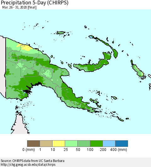 Papua New Guinea Precipitation 5-Day (CHIRPS) Thematic Map For 3/26/2020 - 3/31/2020